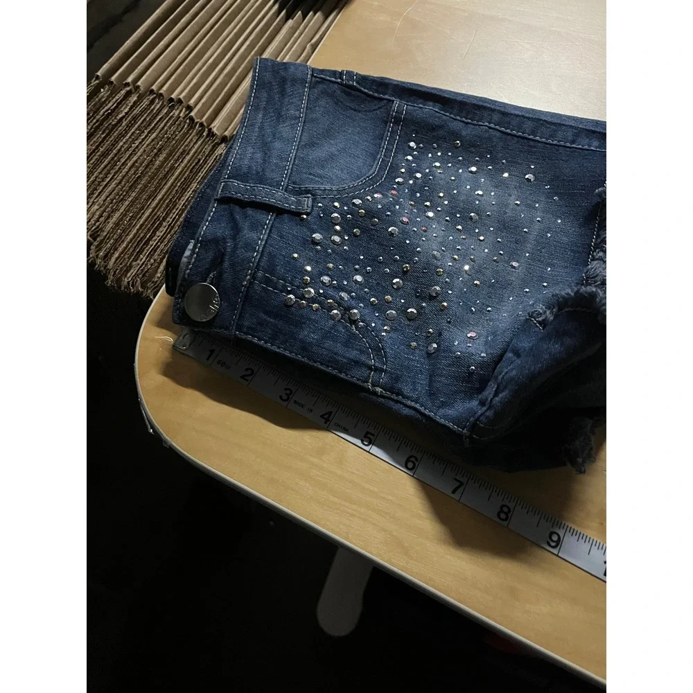 Y2K Micro Mini Low Rise Women Denim Shorts 3 Embellished Sparkle 2000s Soft Girl